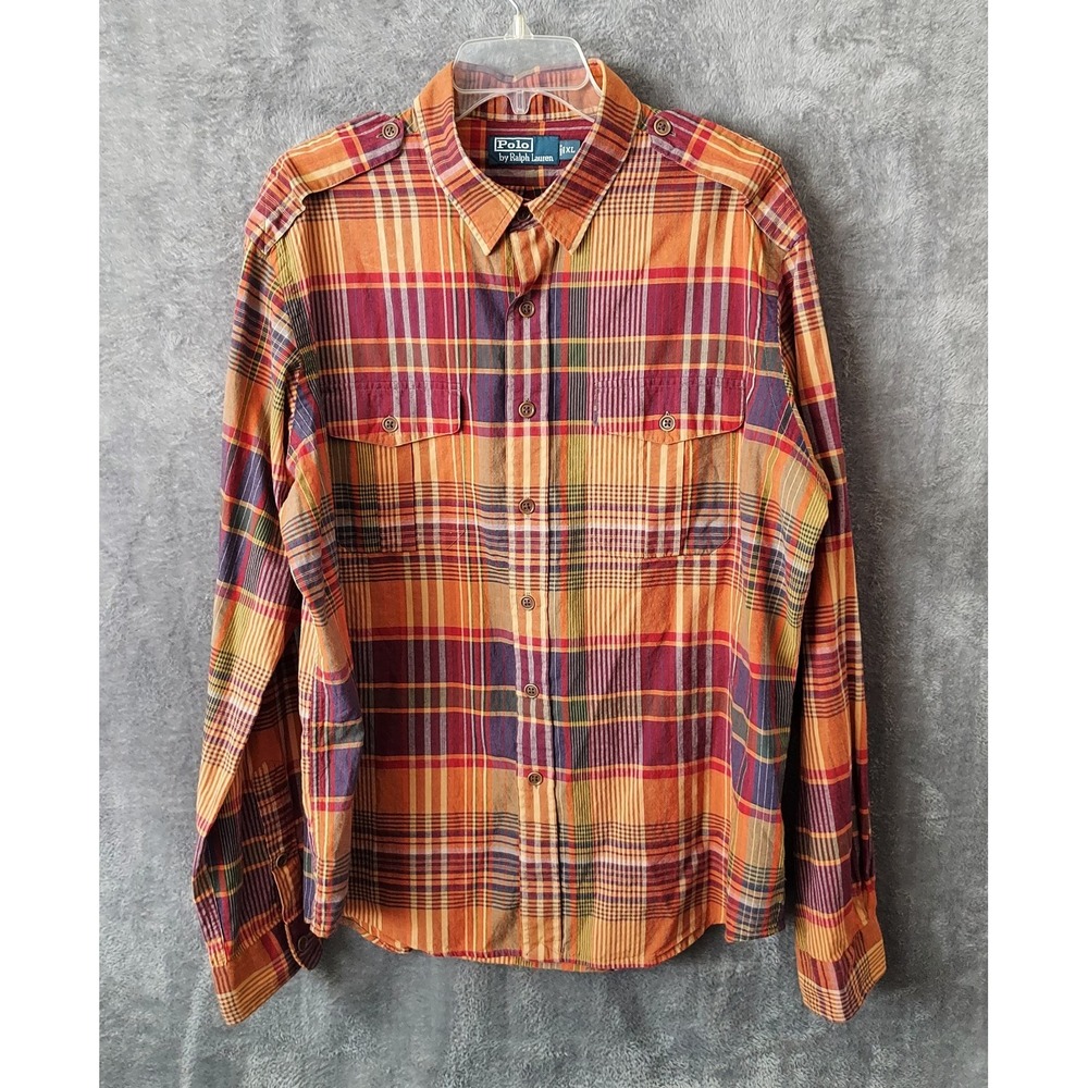 Vtg Polo Ralph Lauren‎ Shirt Mens XL Plaid Military Epaulets Chest Pockets